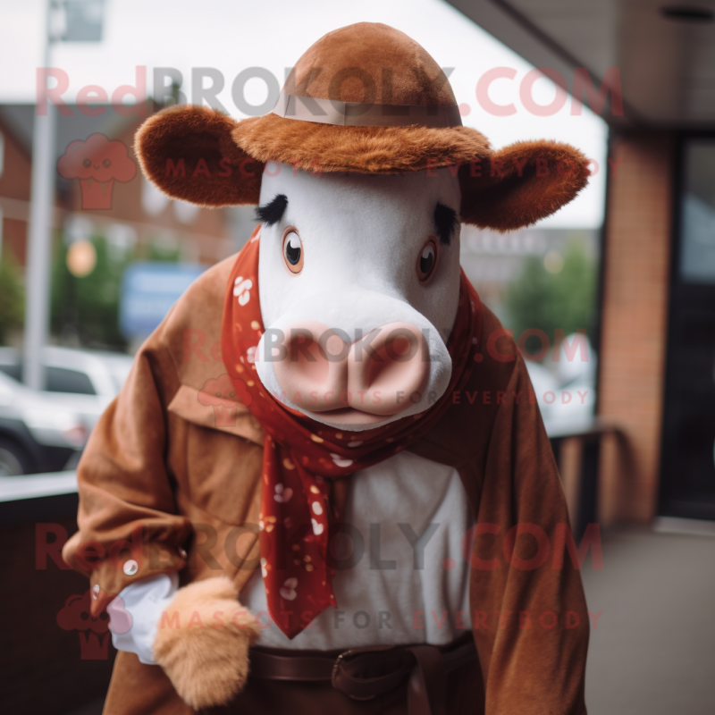 Rust Hereford Cow mascot costume character dressed with a Poplin Shirt and Hats Rust Hereford Cow mascot costume character dressed with a Poplin Shirt and Hats