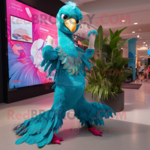 Turquoise Flamingo mascot costume character dressed with a Graphic Tee and Anklets