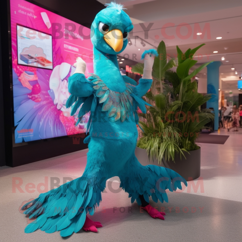 Turquoise Flamingo mascot costume character dressed with a Graphic Tee and Anklets