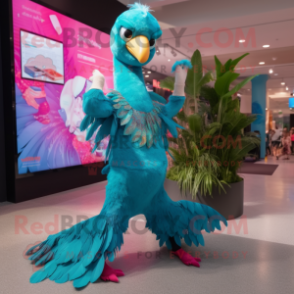 Turquoise Flamingo mascot costume character dressed with a Graphic Tee and Anklets