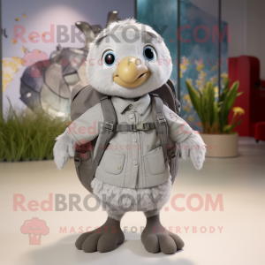 Gray Gosling mascot costume character dressed with a Romper and Backpacks