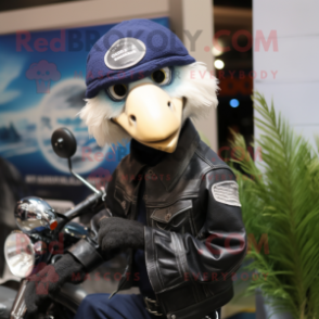 Navy Ostrich mascot costume character dressed with a Moto Jacket and Hats