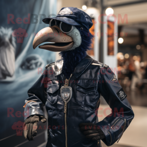 Navy Ostrich mascot costume character dressed with a Moto Jacket and Hats