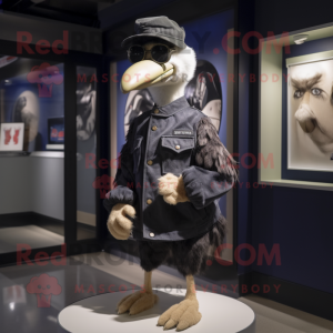 Navy Ostrich mascot costume character dressed with a Moto Jacket and Hats