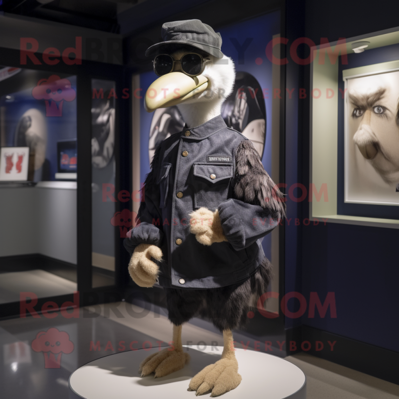Navy Ostrich mascot costume character dressed with a Moto Jacket and Hats Navy Ostrich mascot costume character dressed with a Moto Jacket and Hats