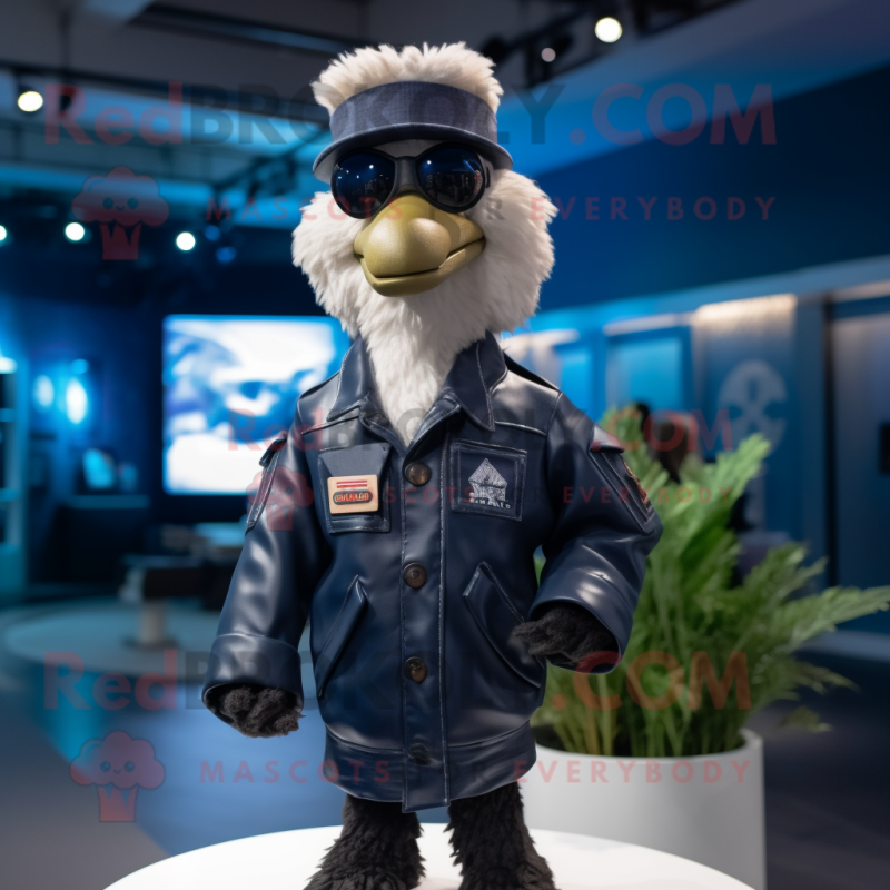 Navy Ostrich mascot costume character dressed with a Moto Jacket and Hats