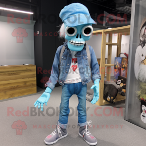 Sky Blue Undead mascot costume character dressed with a Bootcut Jeans and Headbands