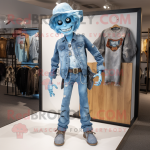 Sky Blue Undead mascot costume character dressed with a Bootcut Jeans and Headbands