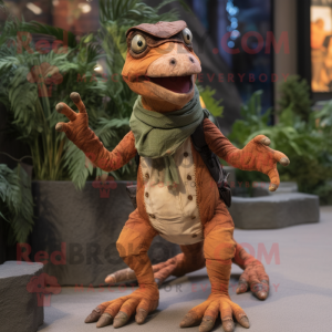 Rust Coelophysis mascot costume character dressed with a Wrap Skirt and Mittens