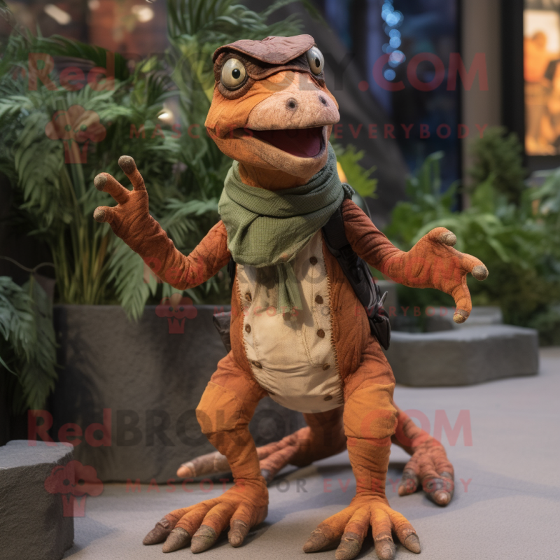 Rust Coelophysis mascot costume character dressed with a Wrap Skirt and Mittens Rust Coelophysis mascot costume character dressed with a Wrap Skirt and Mittens