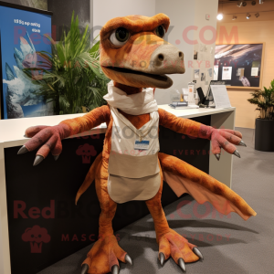 Rust Coelophysis mascot costume character dressed with a Wrap Skirt and Mittens