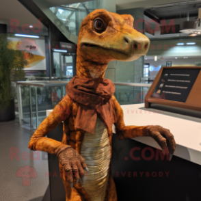 Rust Coelophysis mascot costume character dressed with a Wrap Skirt and Mittens