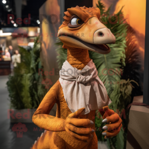 Rust Coelophysis mascot costume character dressed with a Wrap Skirt and Mittens