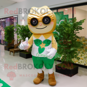 Gold Four Leaf Clover mascot costume character dressed with a Long Sleeve Tee and Eyeglasses