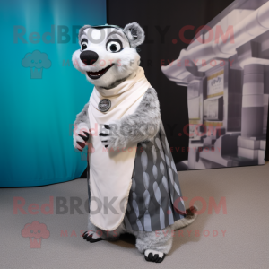 Silver Badger mascot costume character dressed with a Maxi Skirt and Scarf clips