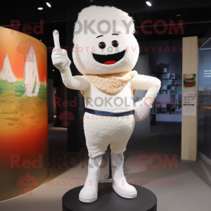 White Fried Rice mascot costume character dressed with a Skinny Jeans and Suspenders