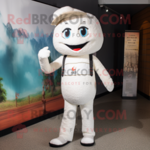 White Fried Rice mascot costume character dressed with a Skinny Jeans and Suspenders