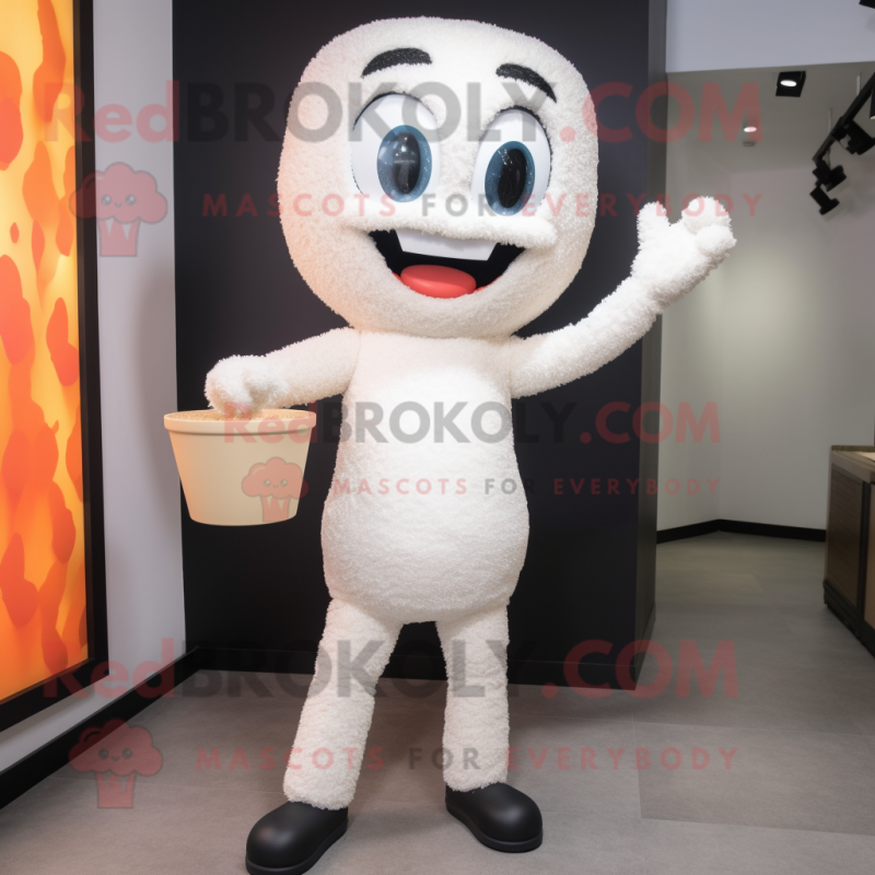 White Fried Rice mascot costume character dressed with a Skinny Jeans and Suspenders