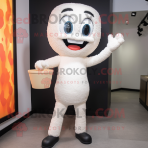 White Fried Rice mascot costume character dressed with a Skinny Jeans and Suspenders