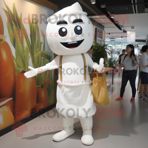 White Fried Rice mascot costume character dressed with a Skinny Jeans and Suspenders