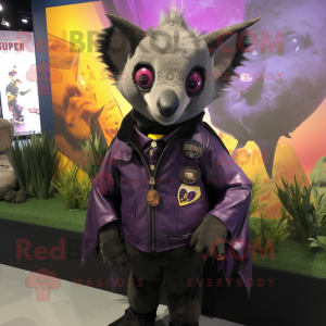 Purple Fruit Bat mascot costume character dressed with a Leather Jacket and Lapel pins