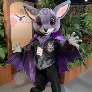 Purple Fruit Bat mascot costume character dressed with a Leather Jacket and Lapel pins