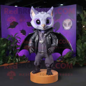 Purple Fruit Bat mascot costume character dressed with a Leather Jacket and Lapel pins