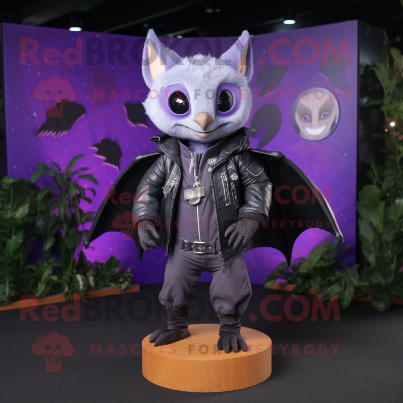 Purple Fruit Bat mascot costume character dressed with a Leather Jacket and Lapel pins