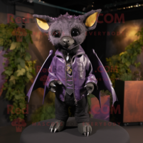 Purple Fruit Bat mascot costume character dressed with a Leather Jacket and Lapel pins