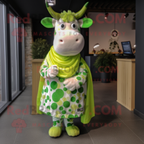 Lime Green Cow mascot costume character dressed with a Midi Dress and Scarves