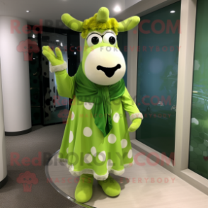 Lime Green Cow mascot costume character dressed with a Midi Dress and Scarves