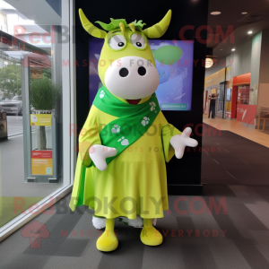 Lime Green Cow mascot costume character dressed with a Midi Dress and Scarves