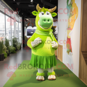 Lime Green Cow mascot costume character dressed with a Midi Dress and Scarves