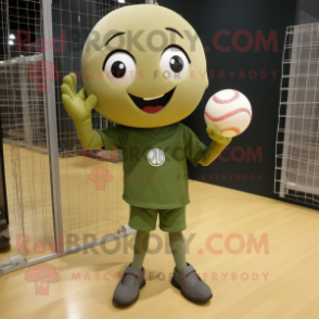 Olive Volleyball Net mascot costume character dressed with a Baseball Tee and Brooches