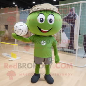 Olive Volleyball Net mascot costume character dressed with a Baseball Tee and Brooches