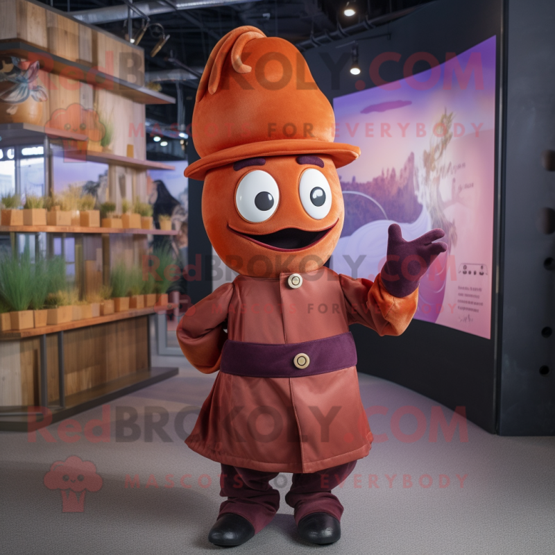 Rust Plum mascot costume character dressed with a Bodysuit and Berets Rust Plum mascot costume character dressed with a Bodysuit and Berets