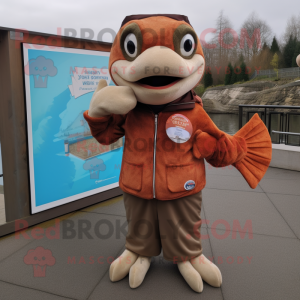 Brown Salmon mascot costume character dressed with a Graphic Tee and Cufflinks