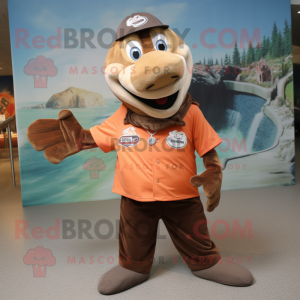 Brown Salmon mascot costume character dressed with a Graphic Tee and Cufflinks