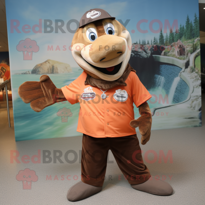Brown Salmon mascot costume character dressed with a Graphic Tee and Cufflinks Brown Salmon mascot costume character dressed with a Graphic Tee and Cufflinks