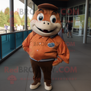 Brown Salmon mascot costume character dressed with a Graphic Tee and Cufflinks