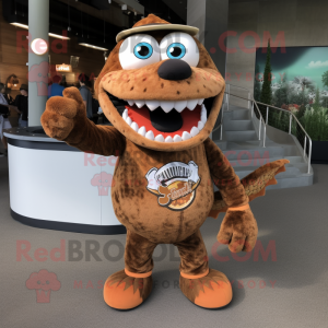 Brown Salmon mascot costume character dressed with a Graphic Tee and Cufflinks