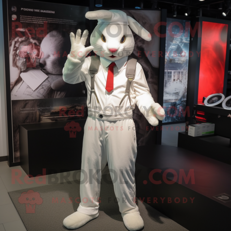 White Wild Rabbit mascot costume character dressed with a Jumpsuit and Hats