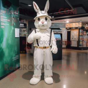 White Wild Rabbit mascot costume character dressed with a Jumpsuit and Hats