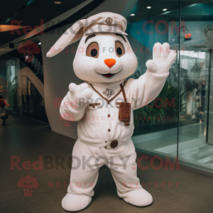 White Wild Rabbit mascot costume character dressed with a Jumpsuit and Hats