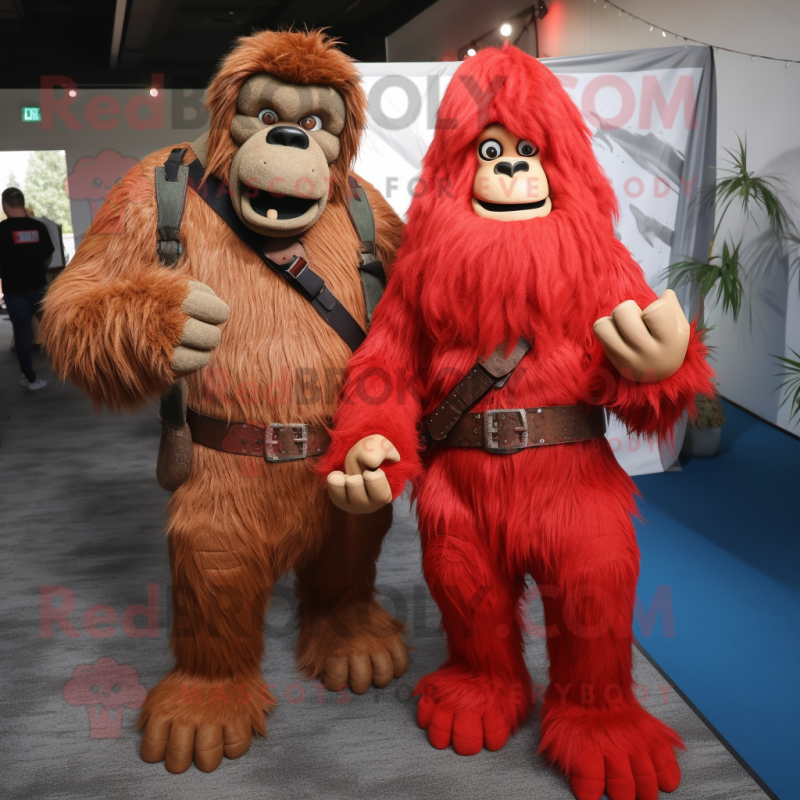 Red Sasquatch mascot costume character dressed with a Wrap Dress and Suspenders