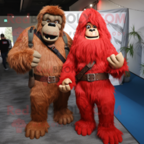 Red Sasquatch mascot costume character dressed with a Wrap Dress and Suspenders
