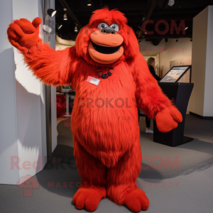 Red Sasquatch mascot costume character dressed with a Wrap Dress and Suspenders