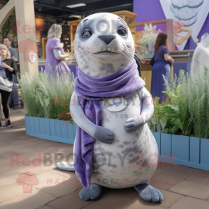 Lavender Seal mascot costume character dressed with a Henley Tee and Scarf clips
