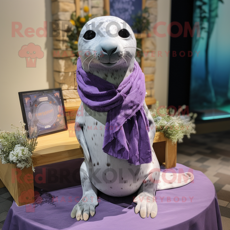 Lavender Seal mascot costume character dressed with a Henley Tee and Scarf clips