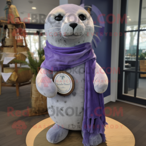 Lavender Seal mascot costume character dressed with a Henley Tee and Scarf clips
